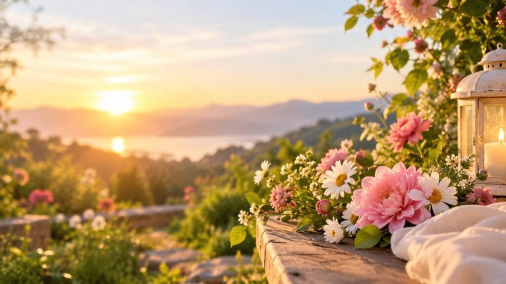 Dreamy Sunrise Garden with Lantern-min