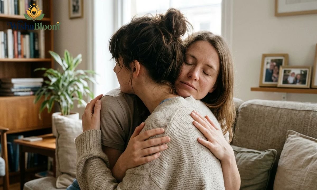 Two sisters sharing a heartfelt hug in a warmly lit home.