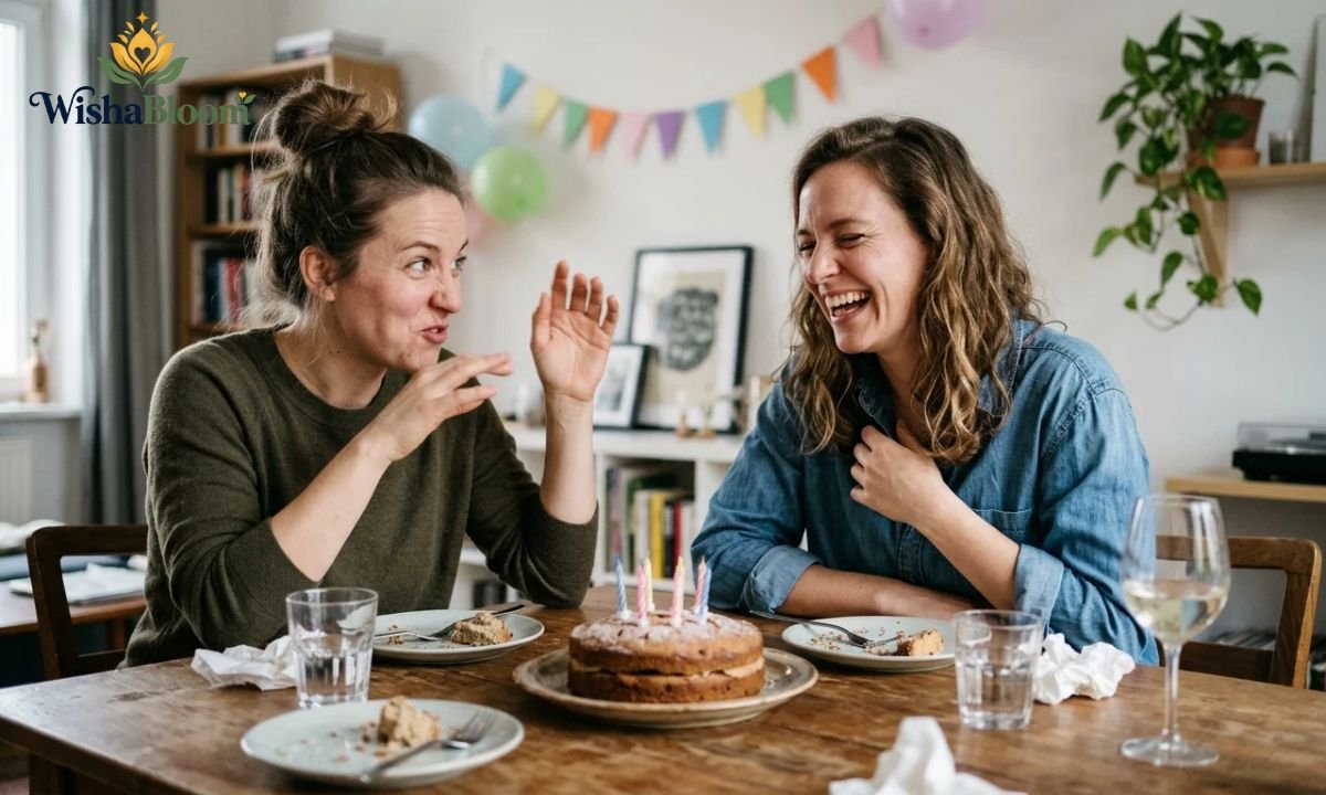 Two sisters laughing together while enjoying a birthday cake at home.