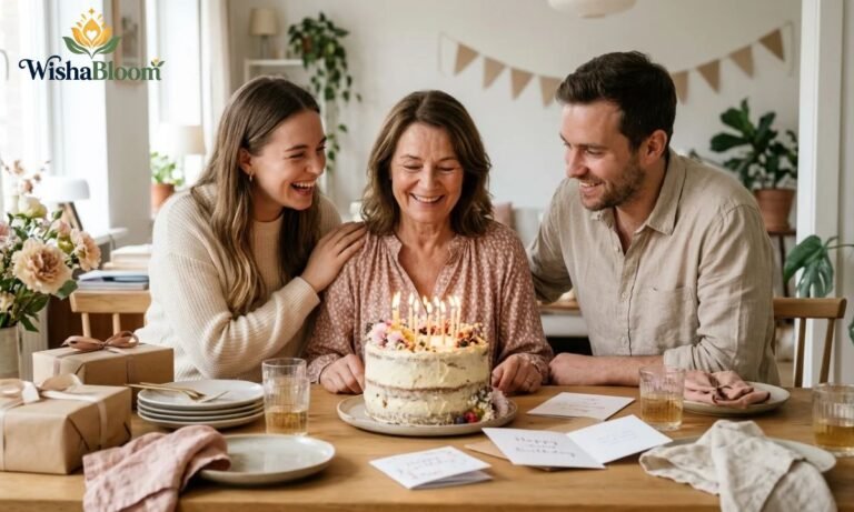 An aunt celebrating her birthday with her niece and nephew around a birthday cake.