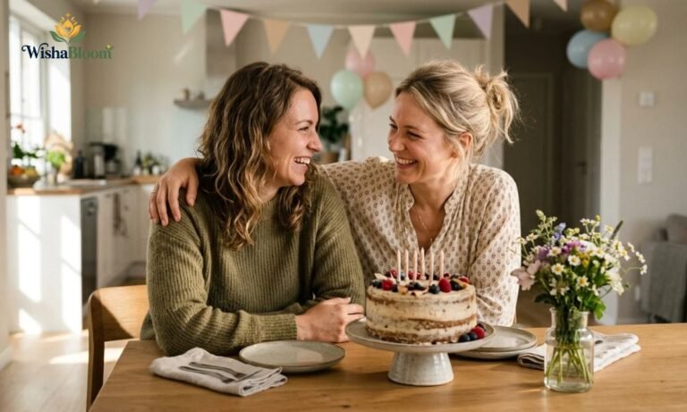 Two sisters celebrating a birthday together with a cake and flowers, perfect birthday wishes for sister