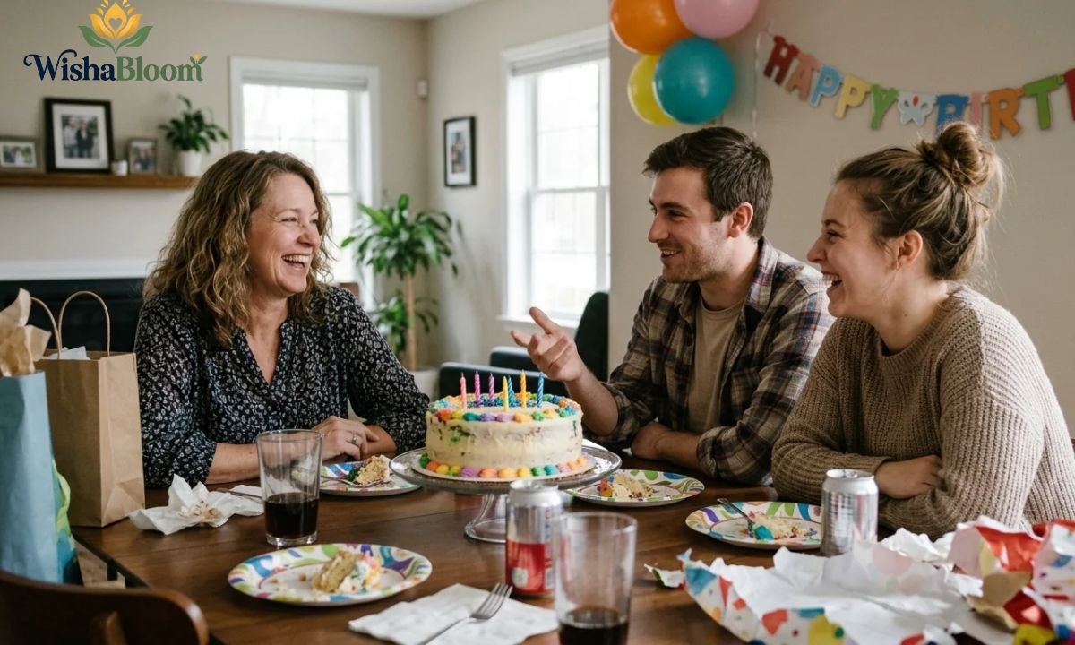 An aunt laughing with her niece and nephew during a playful birthday celebration.