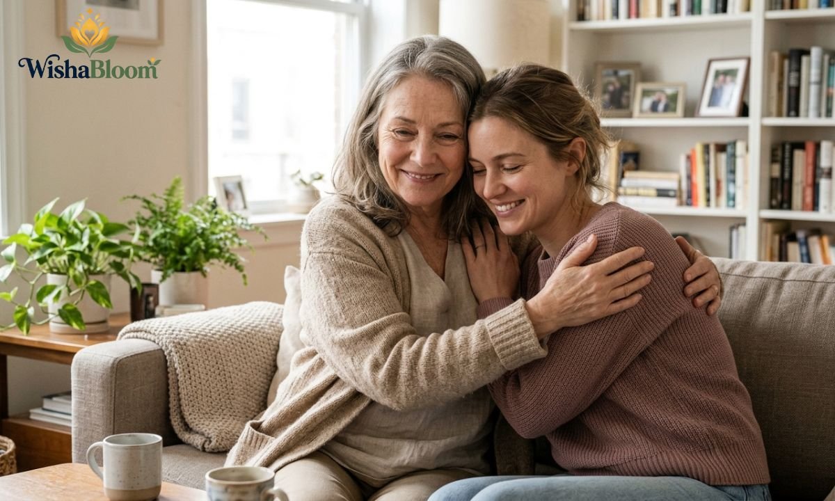 An aunt sharing a heartfelt embrace with her adult niece at home.